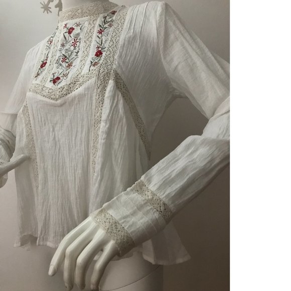 BBWM Woman Crepe Embroidery Crochet Top Blouse Folk Polish Ukrainian Zara Copy - Picture 6 of 9